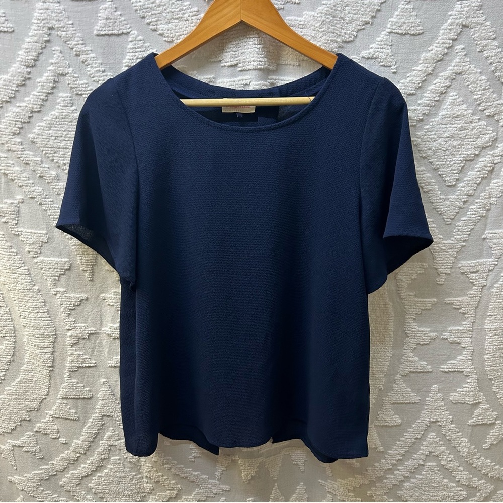 Alythea Navy Blue Flutter Sleeve Open Petal Back Blouse